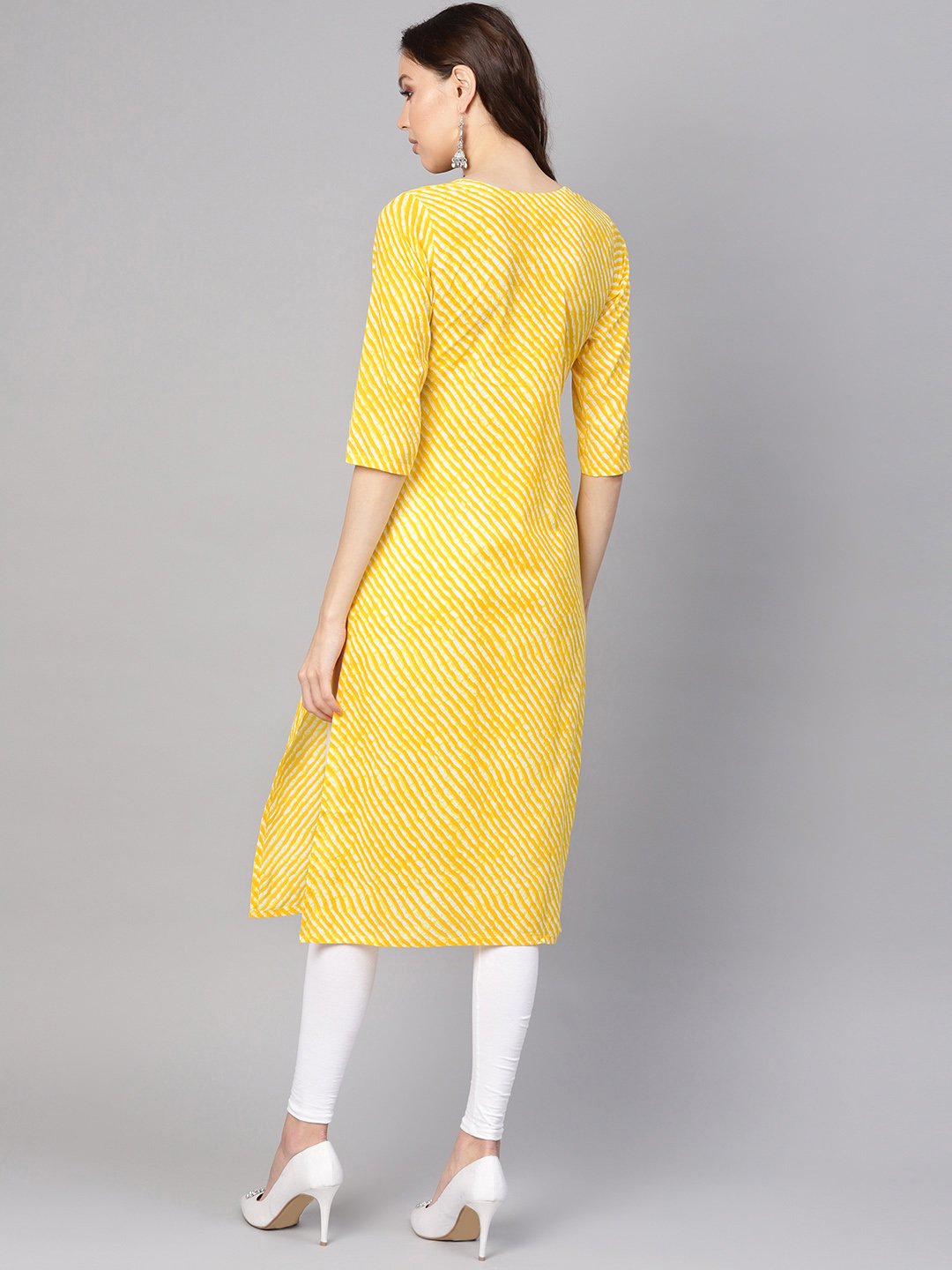 Women Yellow & White Leheriya Print Straight Kurta | NOZ2TOZ - Made In INDIA.