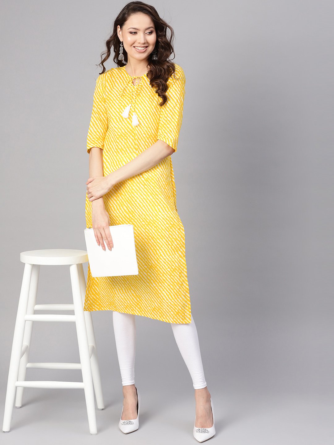 Women Yellow & White Leheriya Print Straight Kurta | NOZ2TOZ - Made In INDIA.