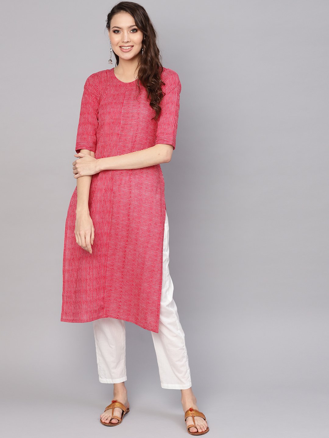 Women Red & White Striped Kurta with Trousers | NOZ2TOZ - Made In INDIA.