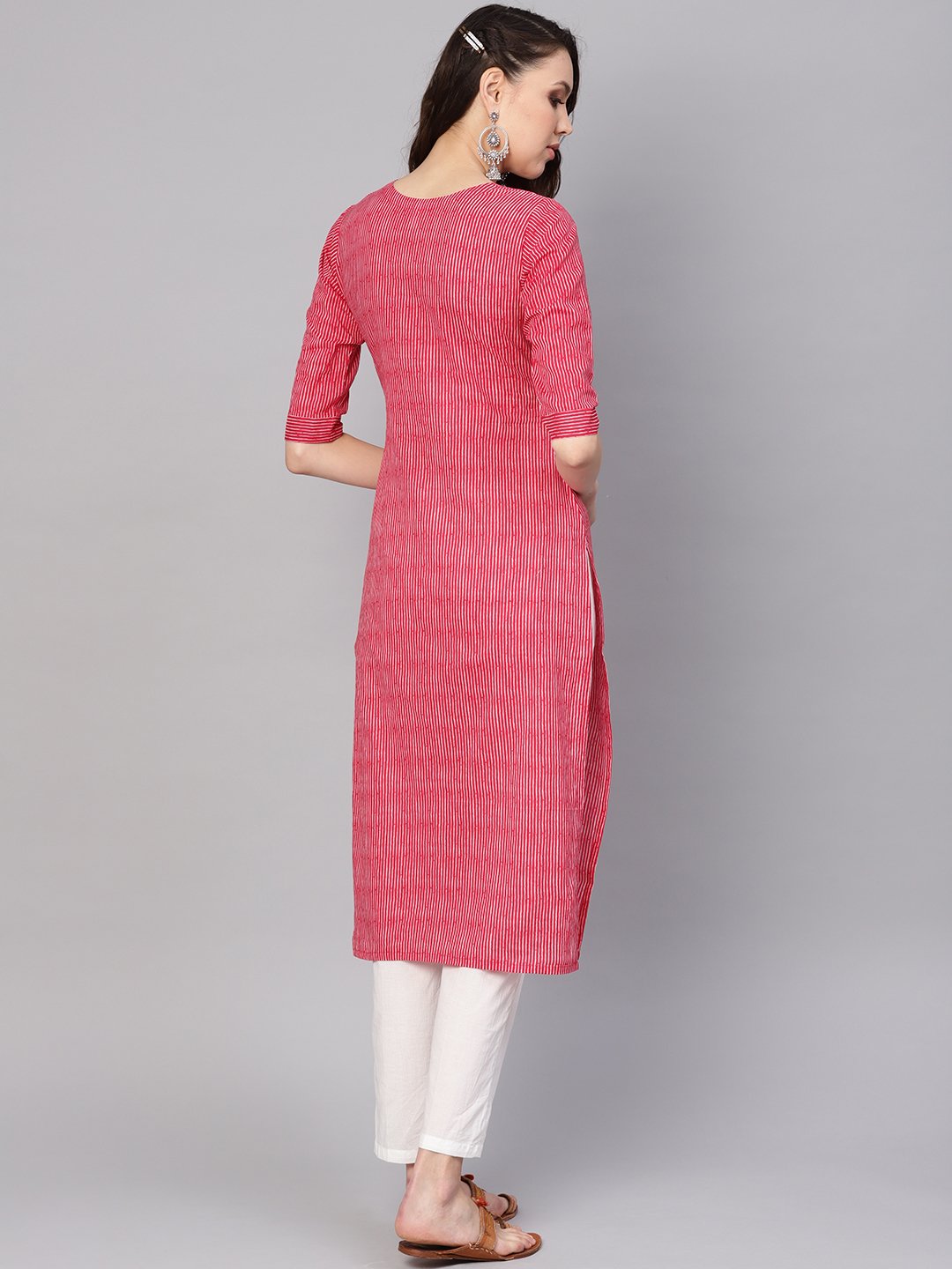 Women Red & White Striped Kurta with Trousers | NOZ2TOZ - Made In INDIA.