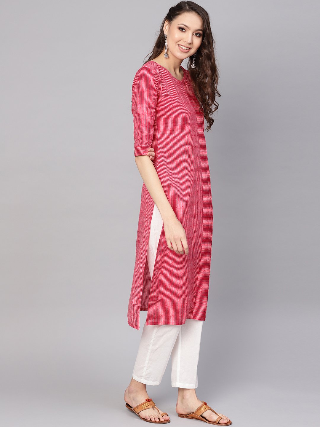 Women Red & White Striped Kurta with Trousers | NOZ2TOZ - Made In INDIA.