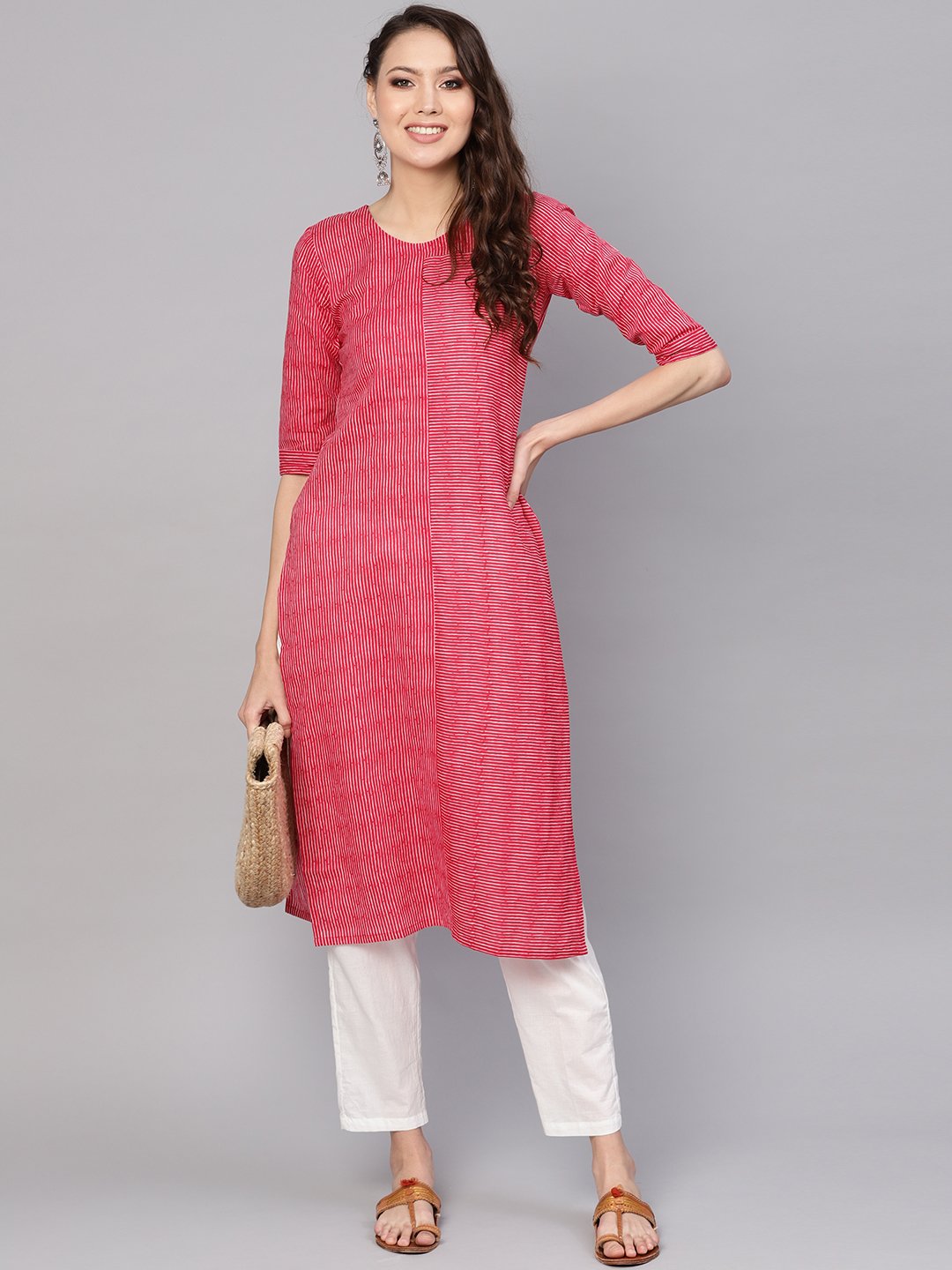 Women Red & White Striped Kurta with Trousers | NOZ2TOZ - Made In INDIA.