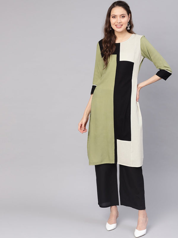 Women Green & Black Colourblocked Straight Kurta | NOZ2TOZ - Made In INDIA.