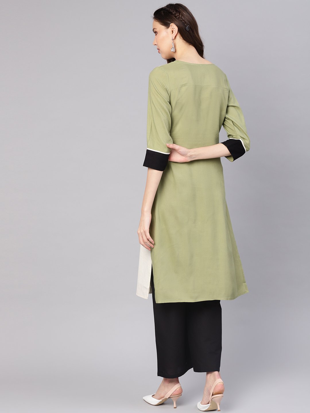 Women Green & Black Colourblocked Straight Kurta | NOZ2TOZ - Made In INDIA.