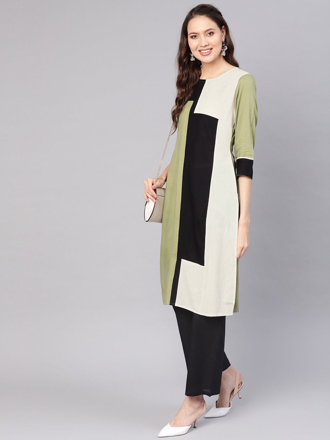 Women Green & Black Colourblocked Straight Kurta | NOZ2TOZ - Made In INDIA.