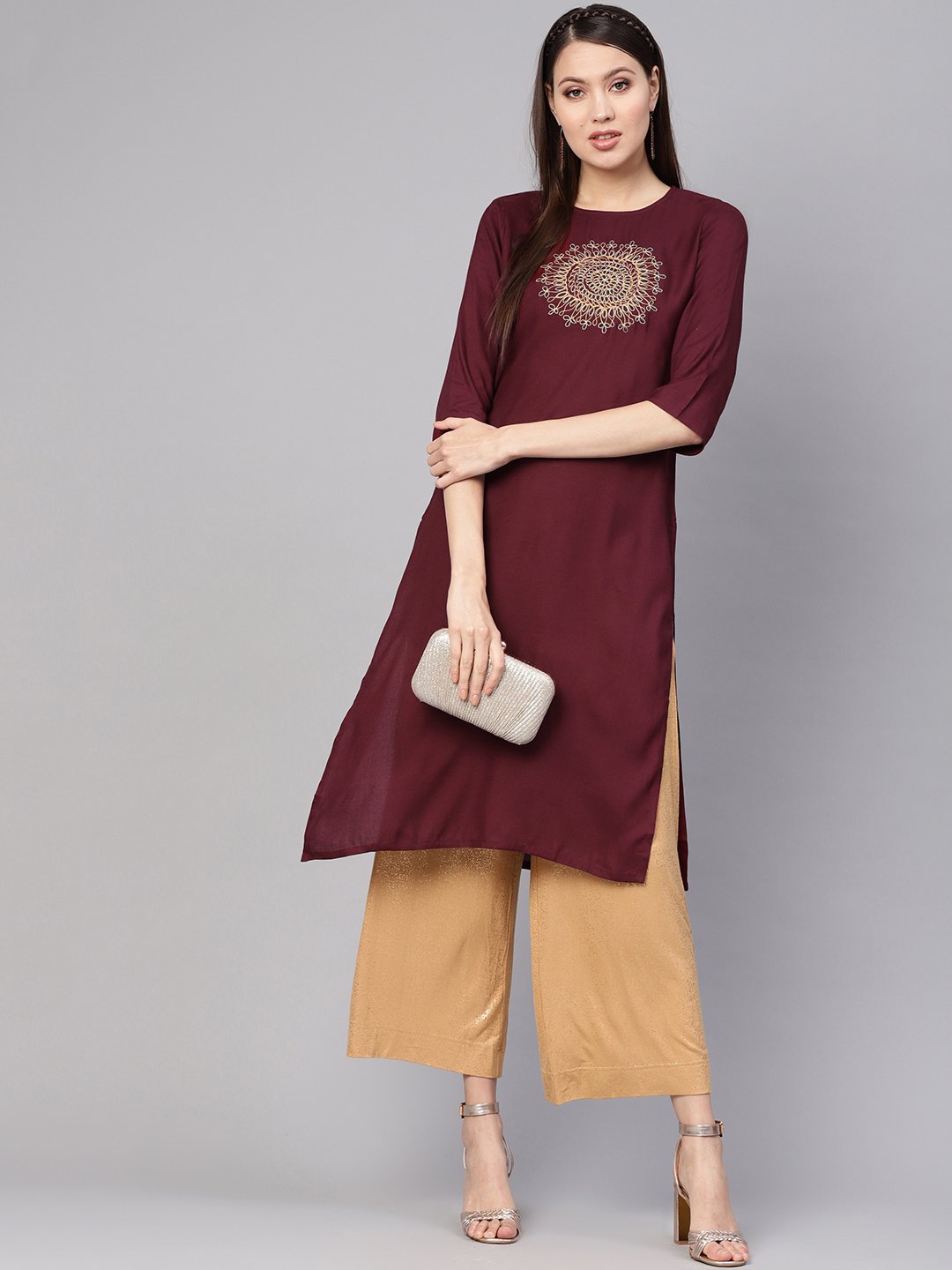 Women Burgundy Yoke Design Straight Kurta | NOZ2TOZ - Made In INDIA.