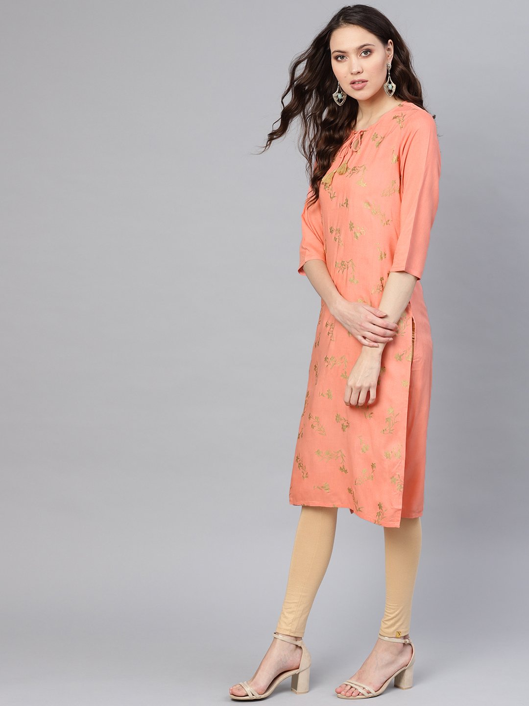 Women Peach-Coloured & Golden Khari Printed Straight Kurta | NOZ2TOZ - Made In INDIA.