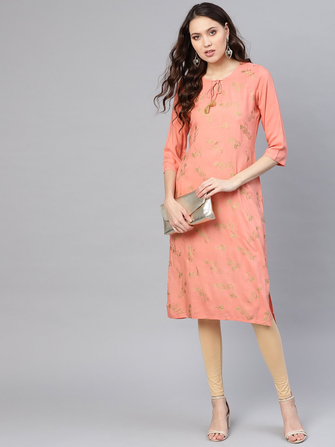 Women Peach-Coloured & Golden Khari Printed Straight Kurta | NOZ2TOZ - Made In INDIA.