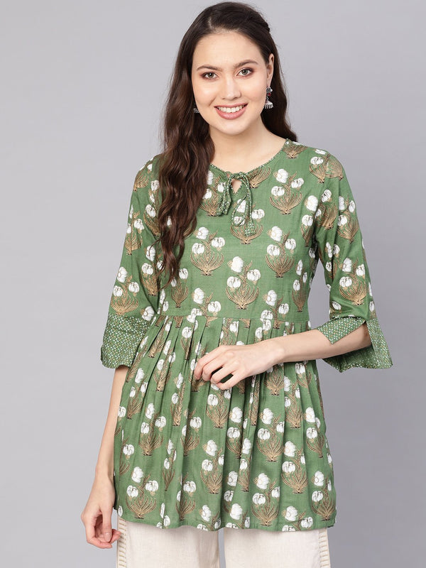 Women Green & White Printed A-Line Tunic | NOZ2TOZ - Made In INDIA.