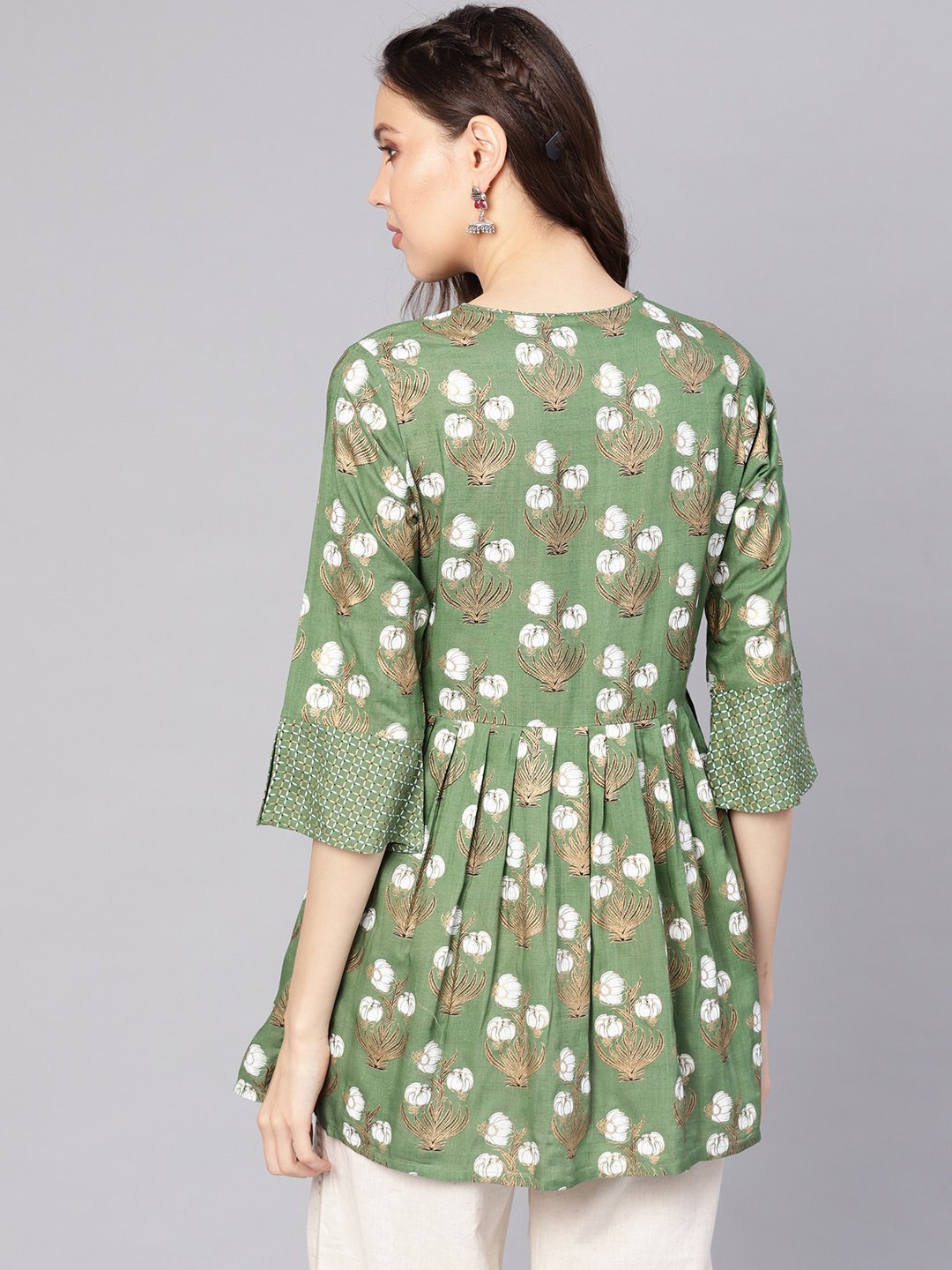 Women Green & White Printed A-Line Tunic | NOZ2TOZ - Made In INDIA.