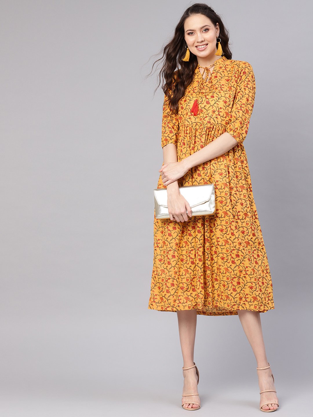 Women Mustard Yellow & Red Printed A-Line Dress | NOZ2TOZ - Made In INDIA.