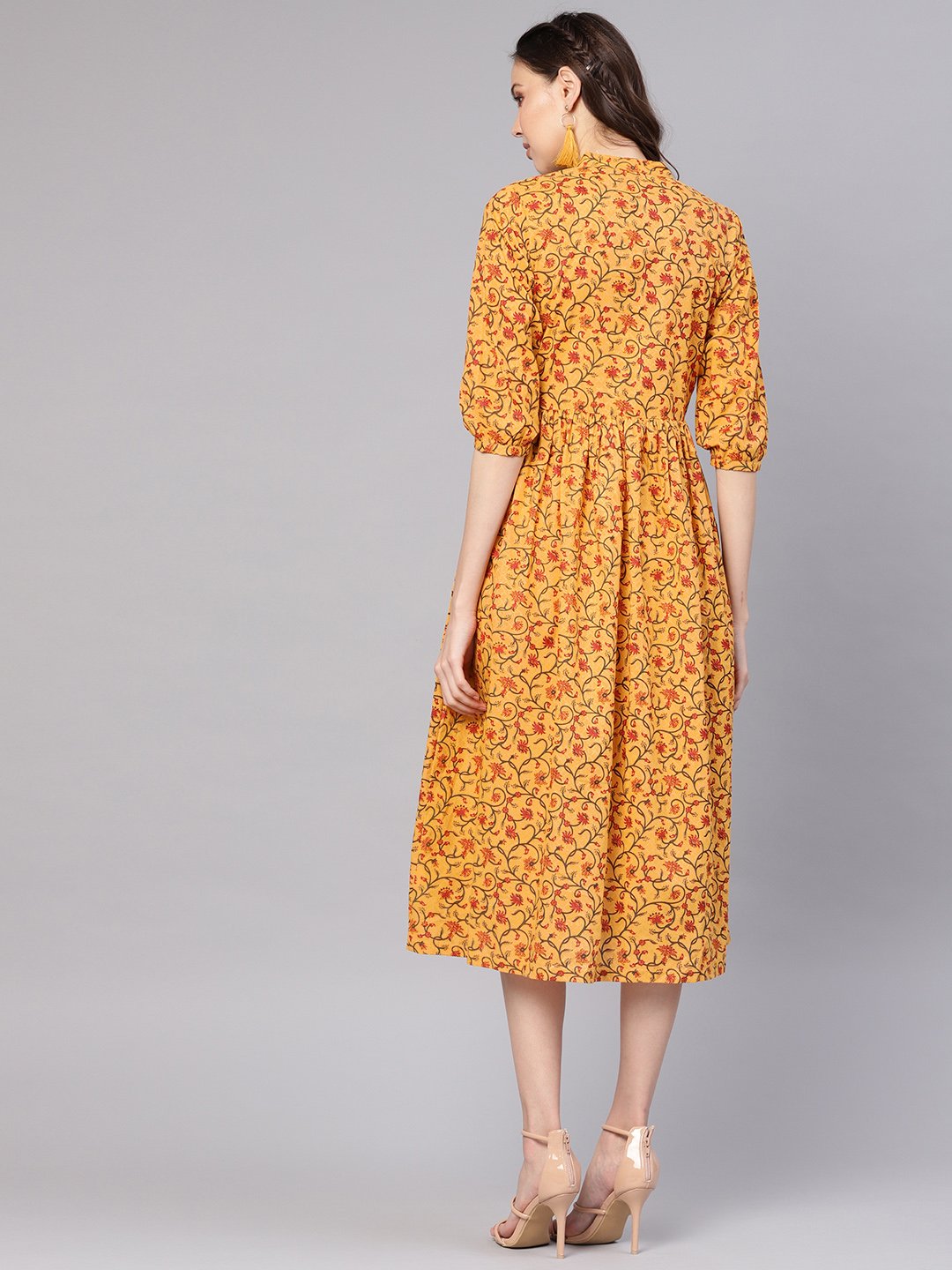 Women Mustard Yellow & Red Printed A-Line Dress | NOZ2TOZ - Made In INDIA.