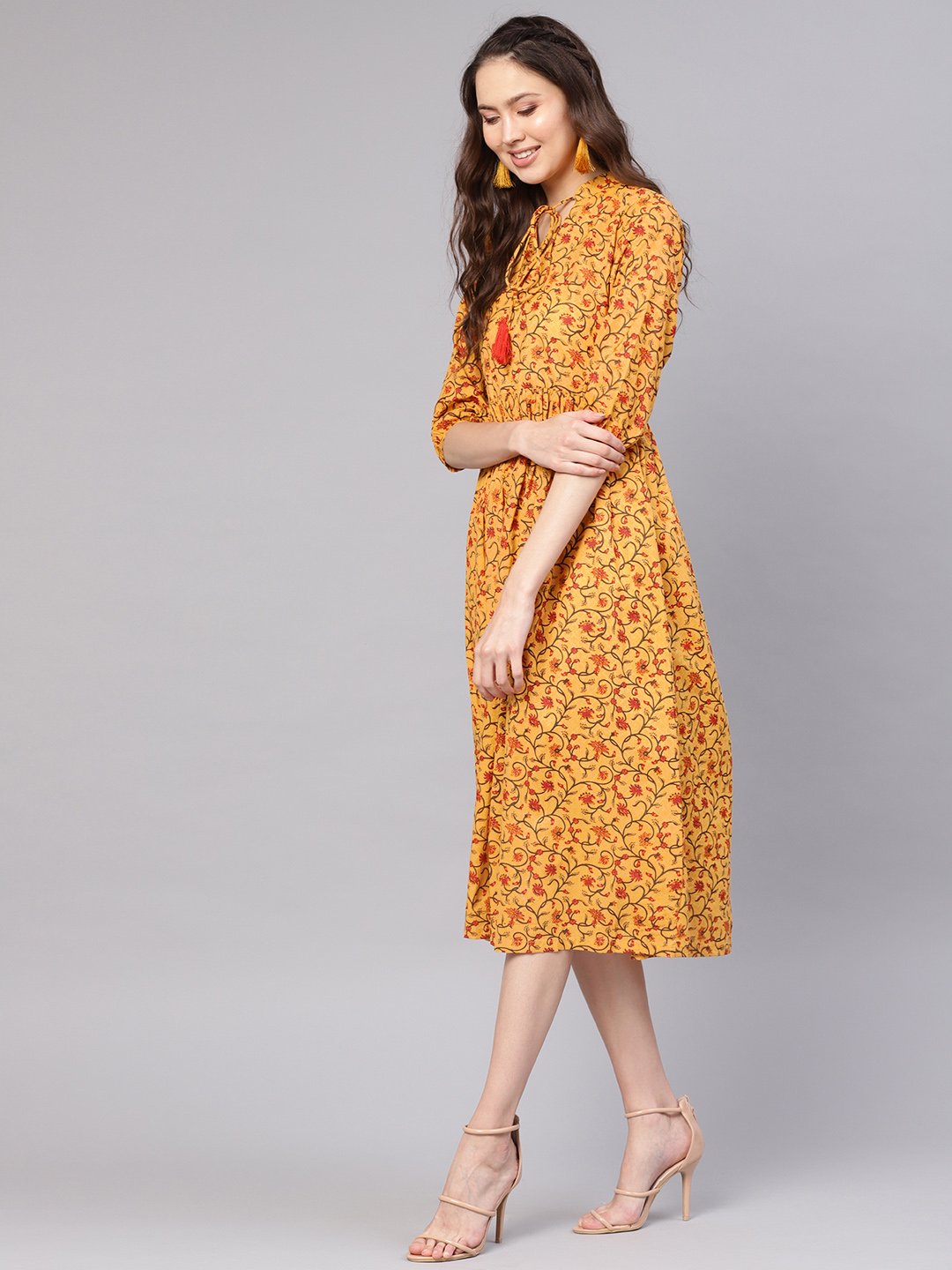 Women Mustard Yellow & Red Printed A-Line Dress | NOZ2TOZ - Made In INDIA.