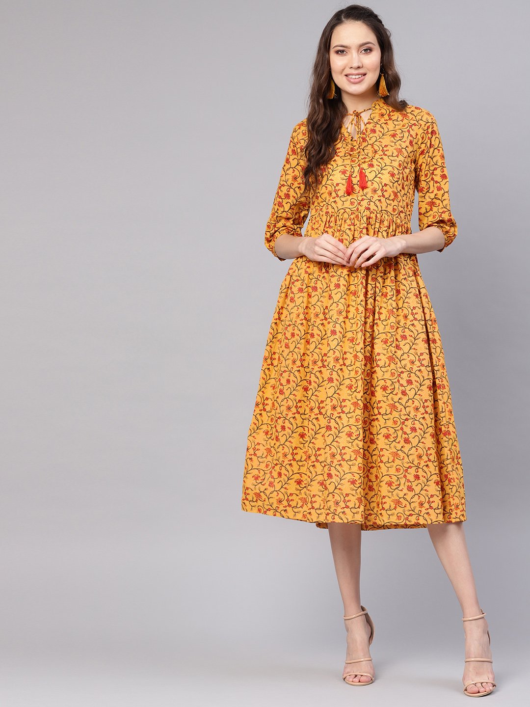 Women Mustard Yellow & Red Printed A-Line Dress | NOZ2TOZ - Made In INDIA.