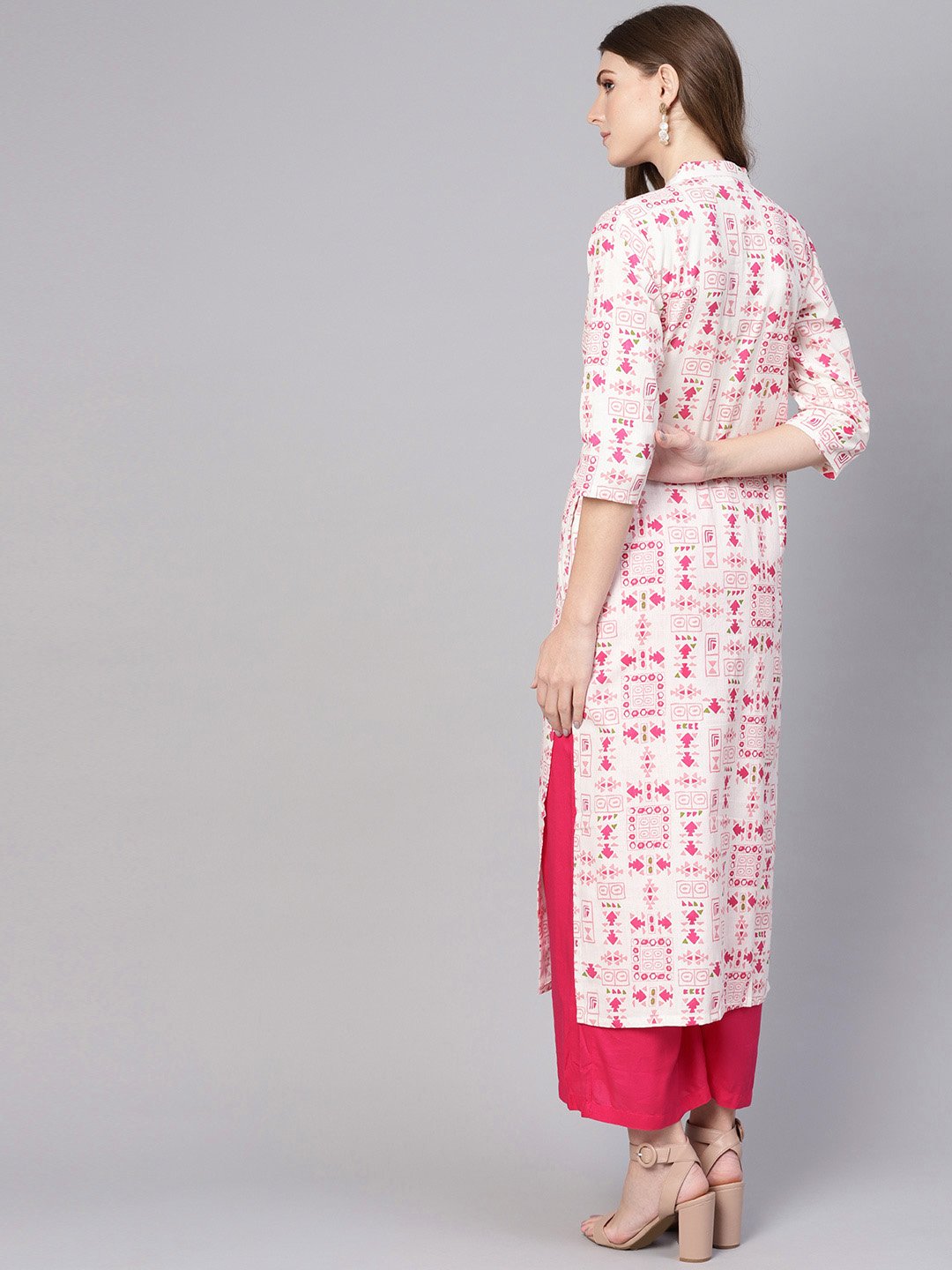 Women White & Pink Printed Straight Kurta | NOZ2TOZ - Made In INDIA.