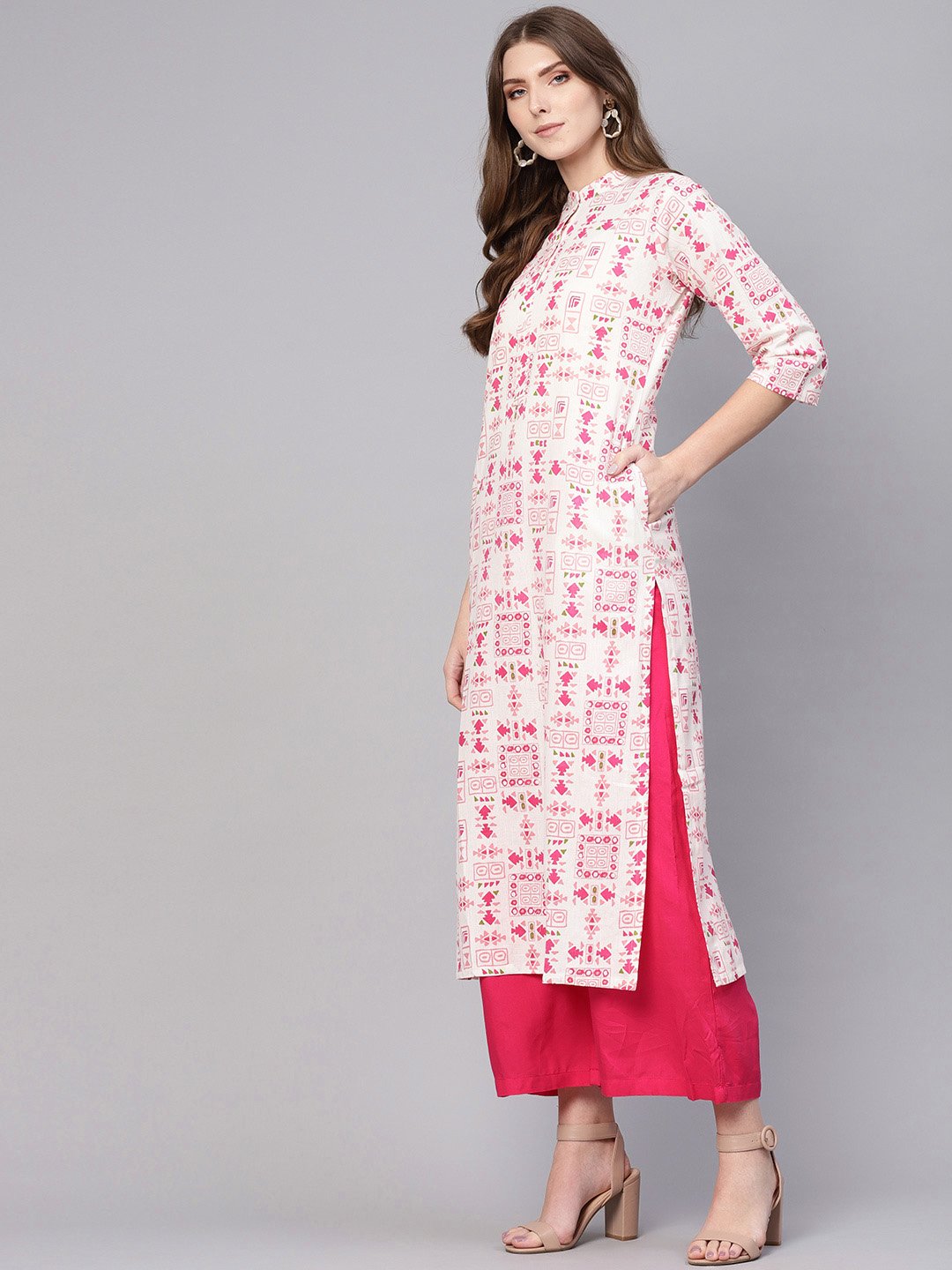 Women White & Pink Printed Straight Kurta | NOZ2TOZ - Made In INDIA.