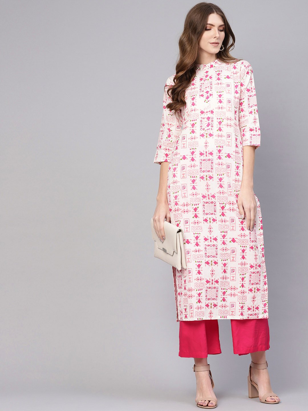 Women White & Pink Printed Straight Kurta | NOZ2TOZ - Made In INDIA.