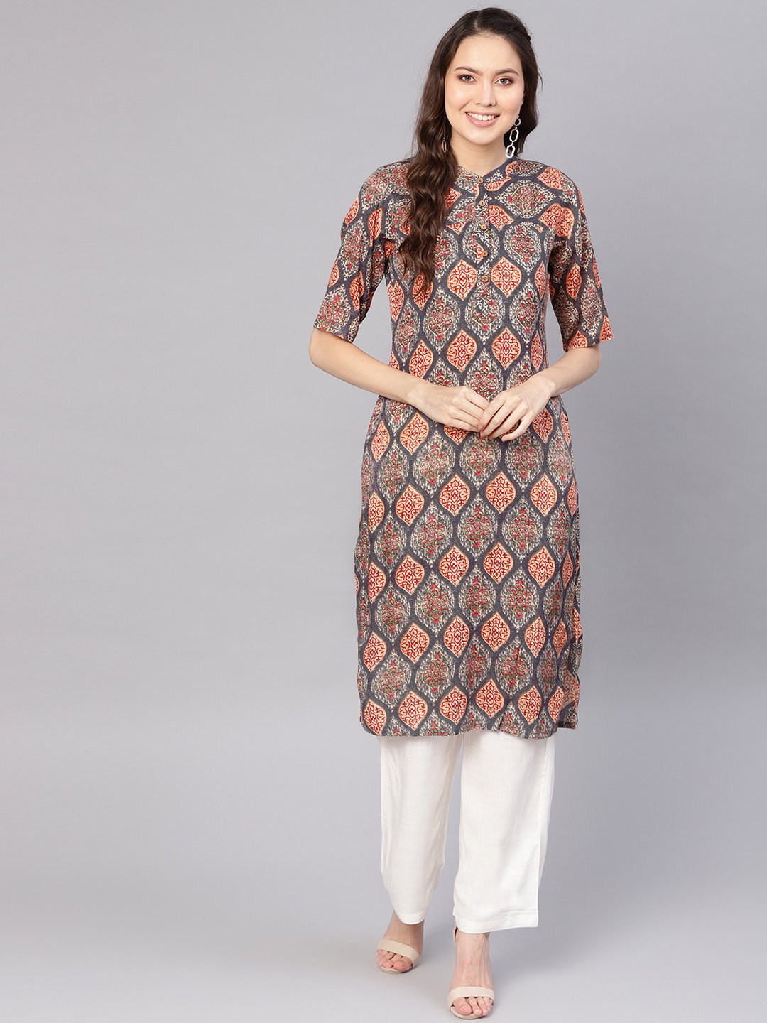 Women Grey & White Printed Kurta with Palazzos | NOZ2TOZ - Made In INDIA.