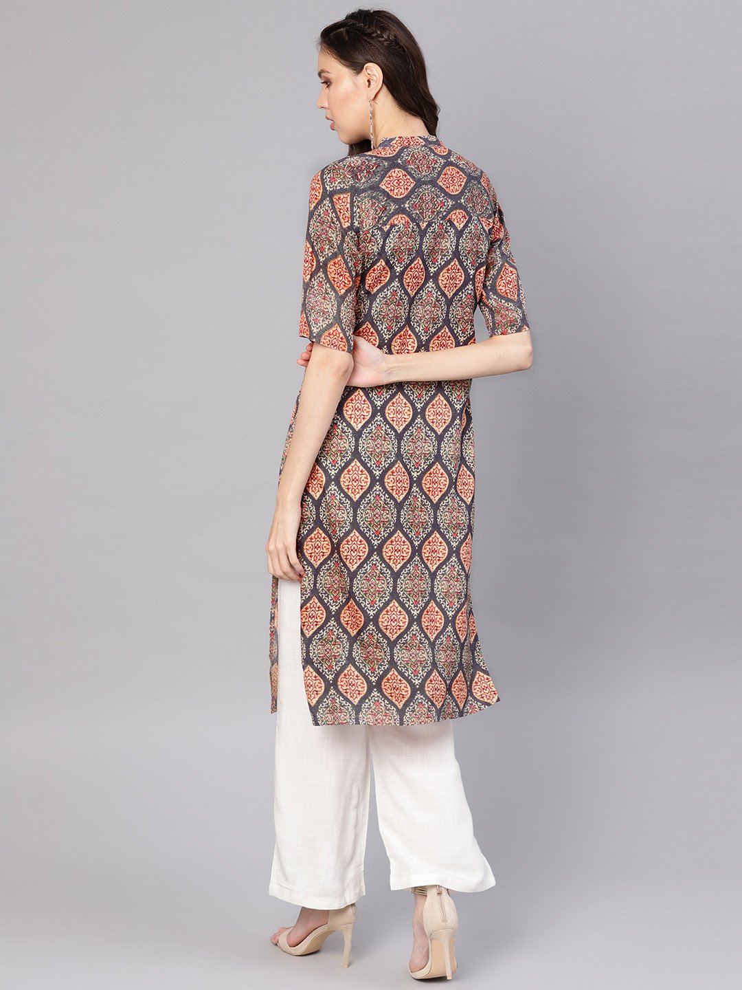 Women Grey & White Printed Kurta with Palazzos | NOZ2TOZ - Made In INDIA.