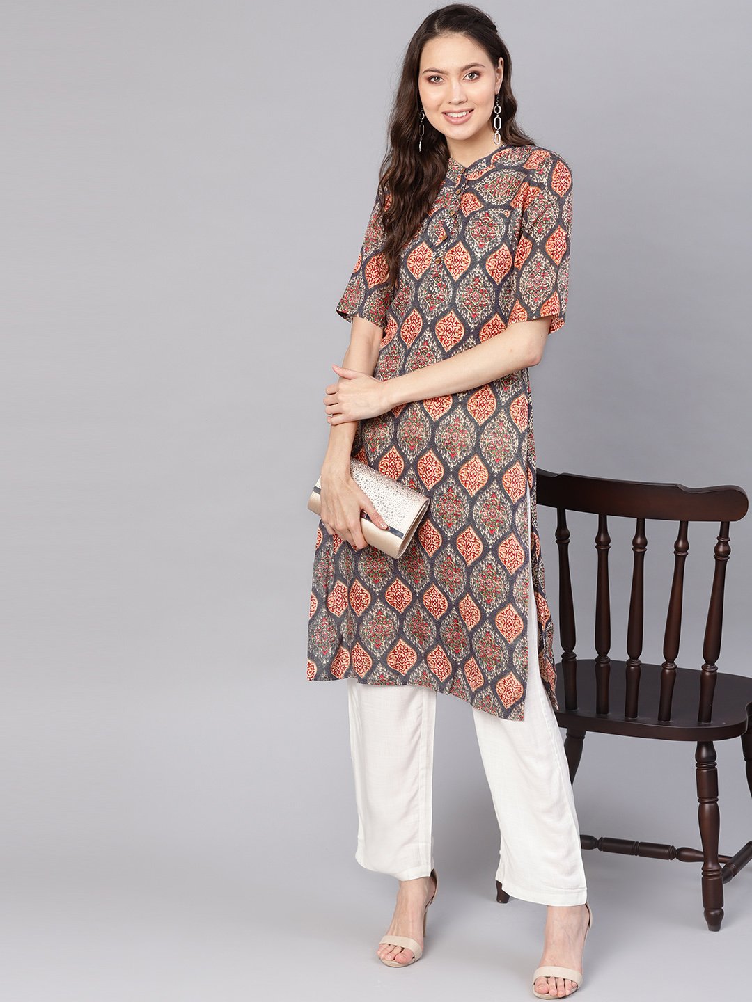 Women Grey & White Printed Kurta with Palazzos | NOZ2TOZ - Made In INDIA.