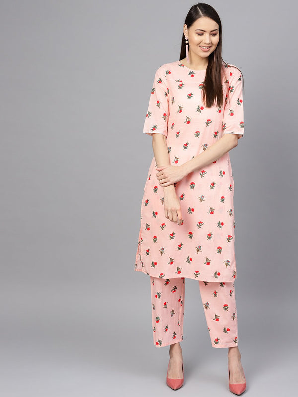 Women Peach-Coloured & Red Printed Kurta with Palazzos | NOZ2TOZ - Made In INDIA.