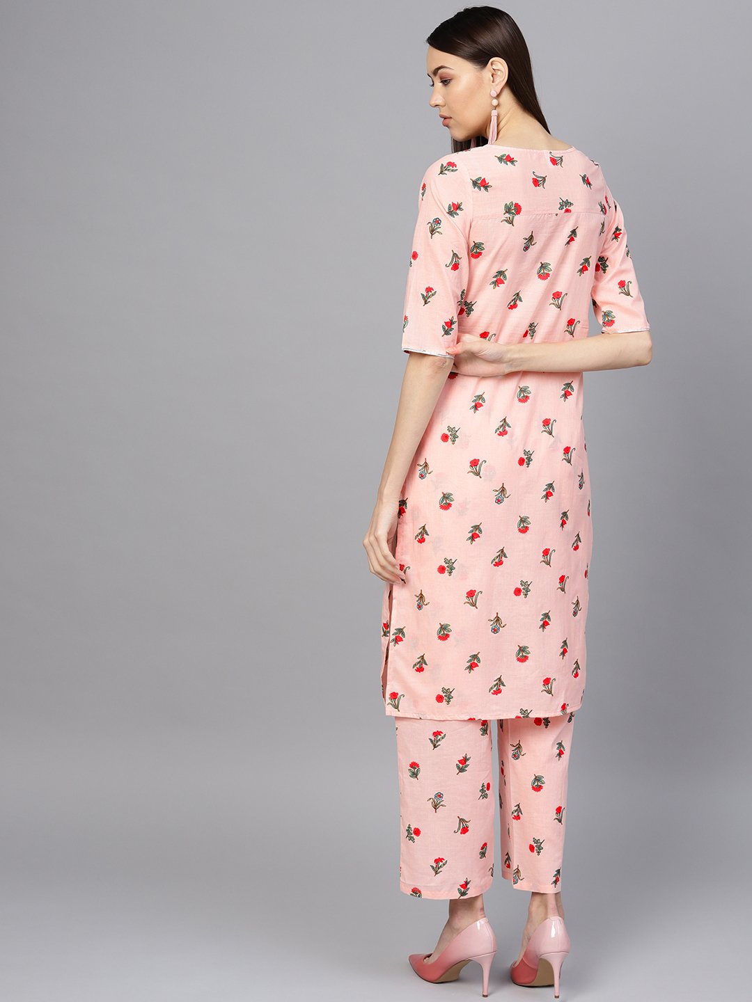 Women Peach-Coloured & Red Printed Kurta with Palazzos | NOZ2TOZ - Made In INDIA.