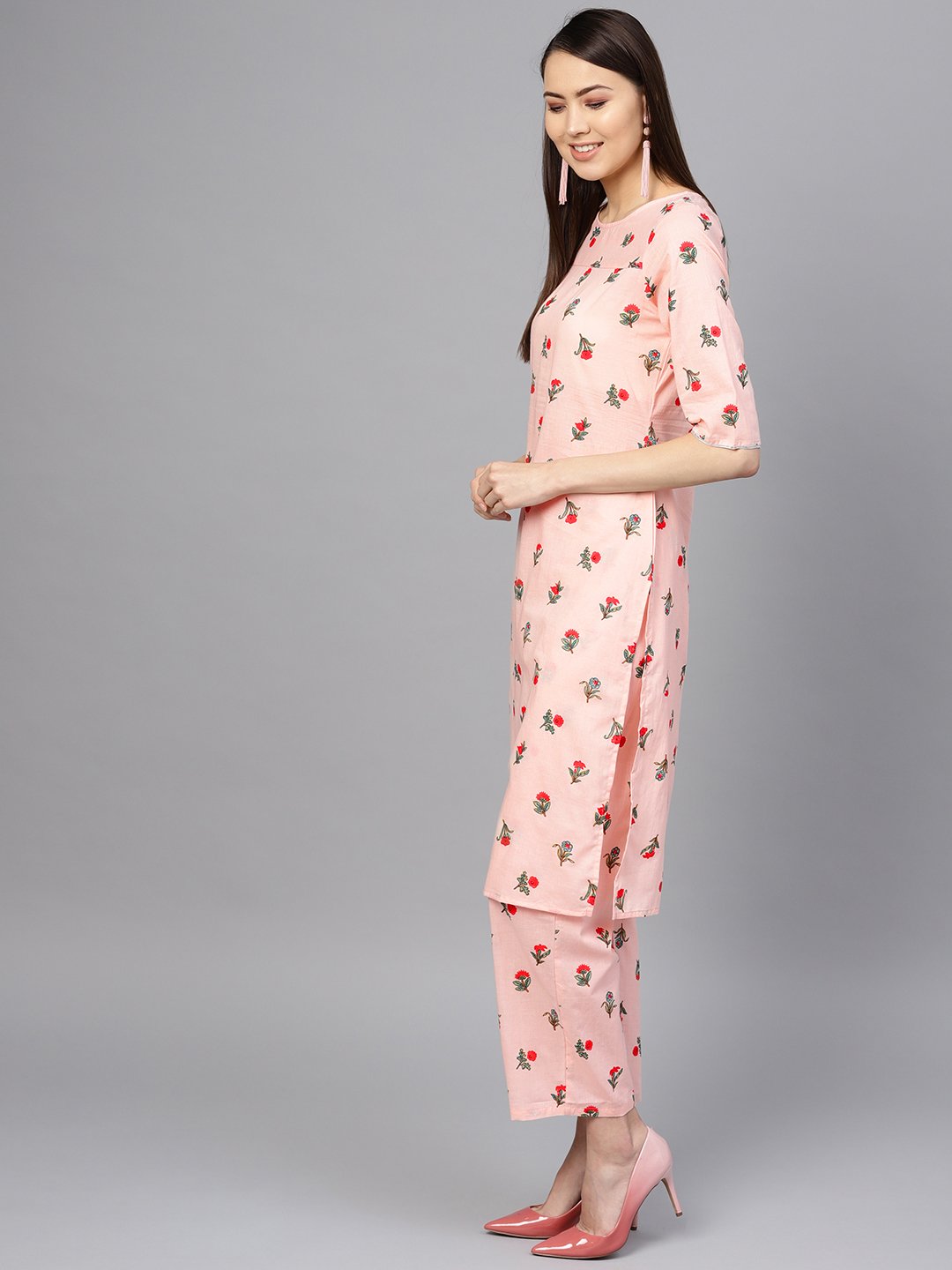 Women Peach-Coloured & Red Printed Kurta with Palazzos | NOZ2TOZ - Made In INDIA.