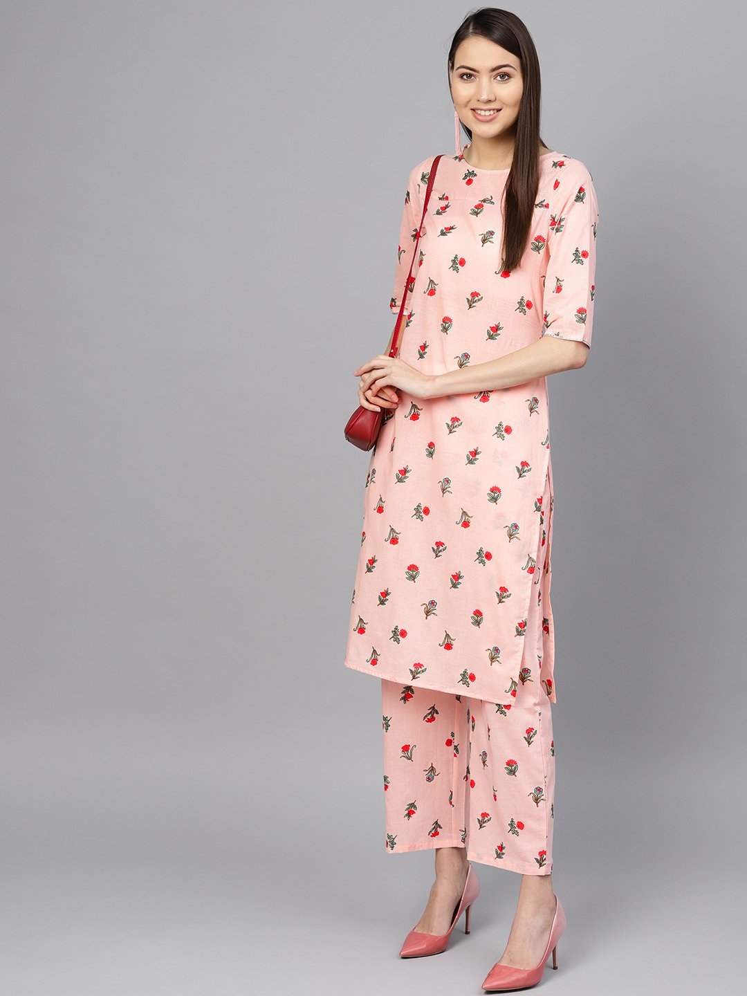 Women Peach-Coloured & Red Printed Kurta with Palazzos | NOZ2TOZ - Made In INDIA.