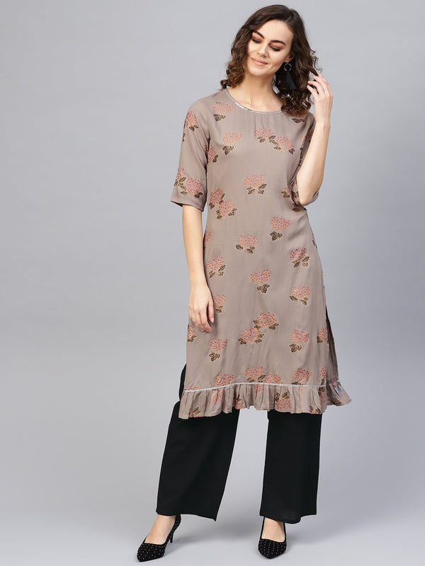 Women Taupe & Black Printed Kurta with Palazzos | NOZ2TOZ - Made In INDIA.