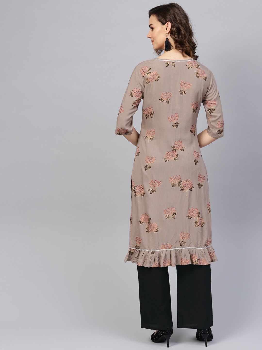 Women Taupe & Black Printed Kurta with Palazzos | NOZ2TOZ - Made In INDIA.