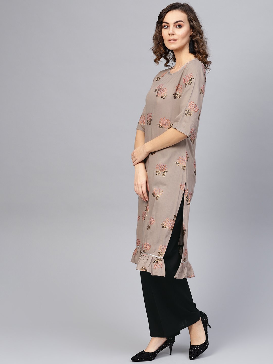 Women Taupe & Black Printed Kurta with Palazzos | NOZ2TOZ - Made In INDIA.