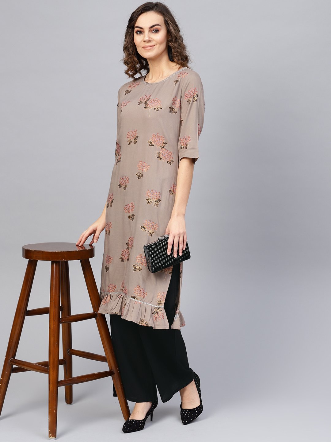 Women Taupe & Black Printed Kurta with Palazzos | NOZ2TOZ - Made In INDIA.