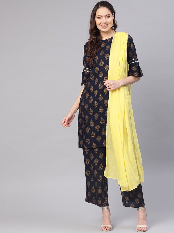 Women Navy Blue & Golden Printed Kurta with Palazzos & Dupatta | NOZ2TOZ - Made In INDIA.