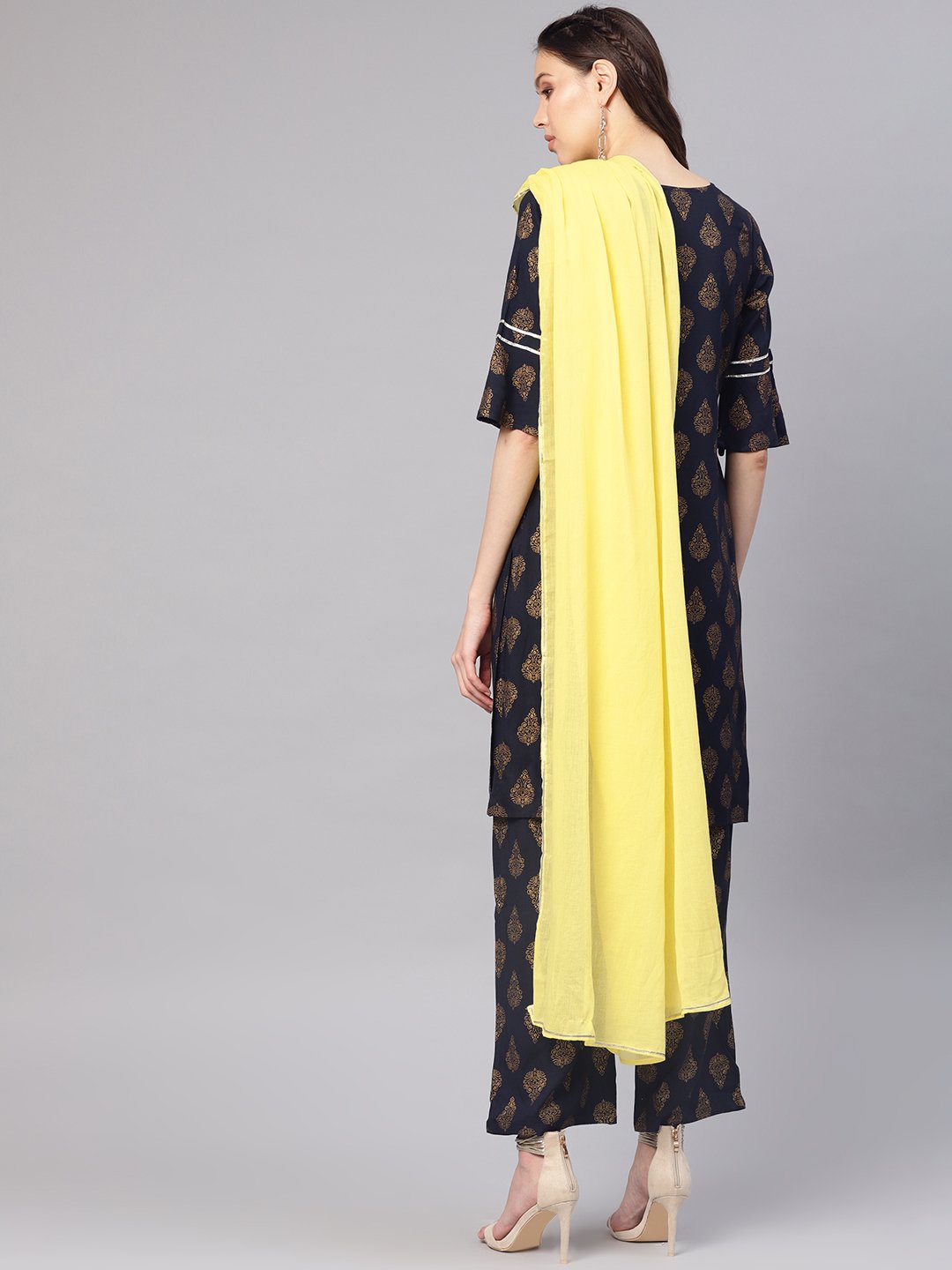 Women Navy Blue & Golden Printed Kurta with Palazzos & Dupatta | NOZ2TOZ - Made In INDIA.