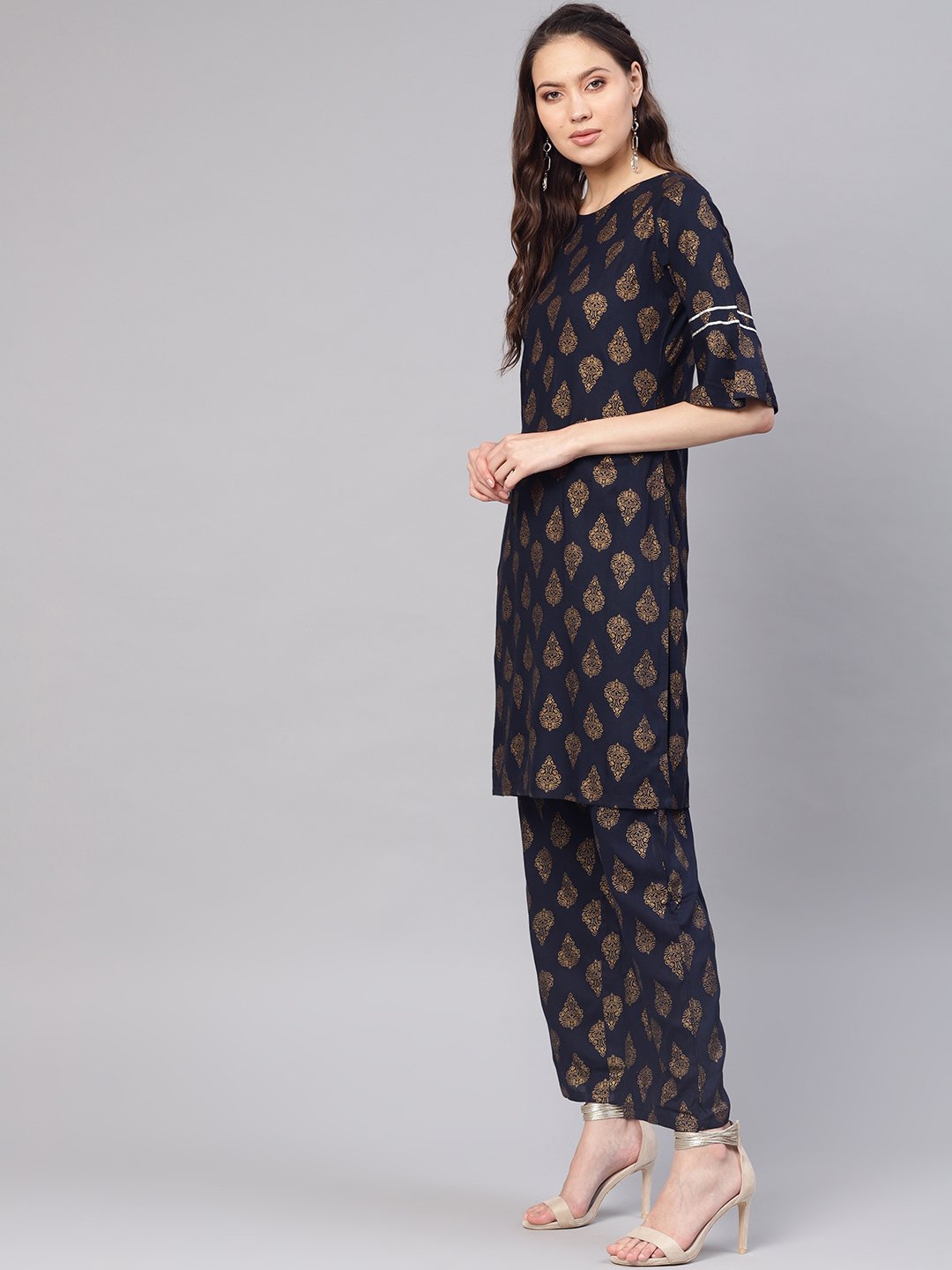 Women Navy Blue & Golden Printed Kurta with Palazzos & Dupatta | NOZ2TOZ - Made In INDIA.