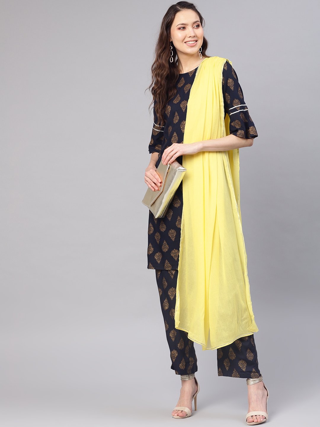 Women Navy Blue & Golden Printed Kurta with Palazzos & Dupatta | NOZ2TOZ - Made In INDIA.