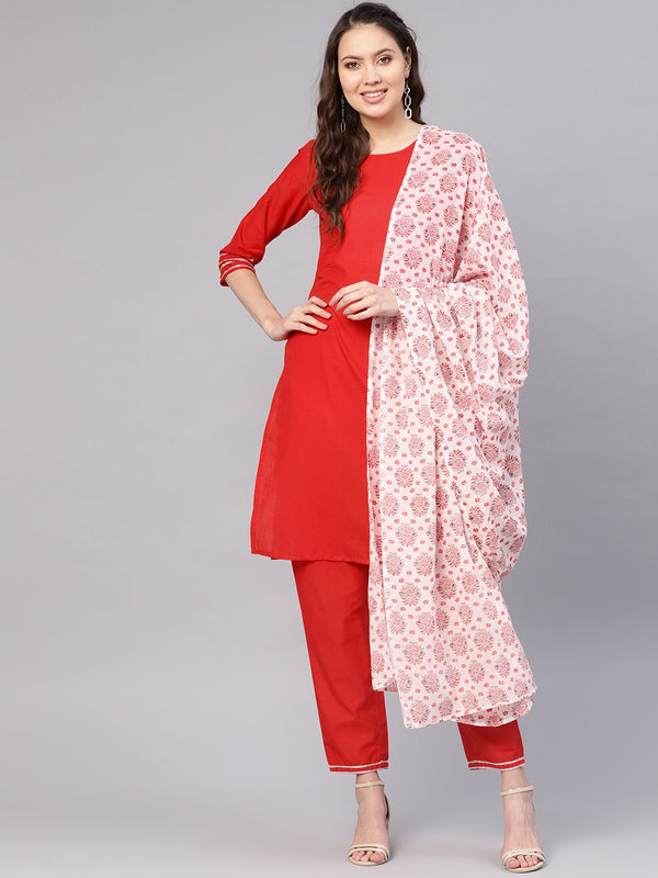 Women Red & Off-White Solid Kurta with Palazzos & Dupatta | NOZ2TOZ - Made In INDIA.