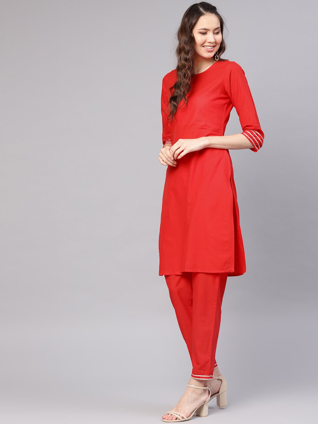 Women Red & Off-White Solid Kurta with Palazzos & Dupatta | NOZ2TOZ - Made In INDIA.