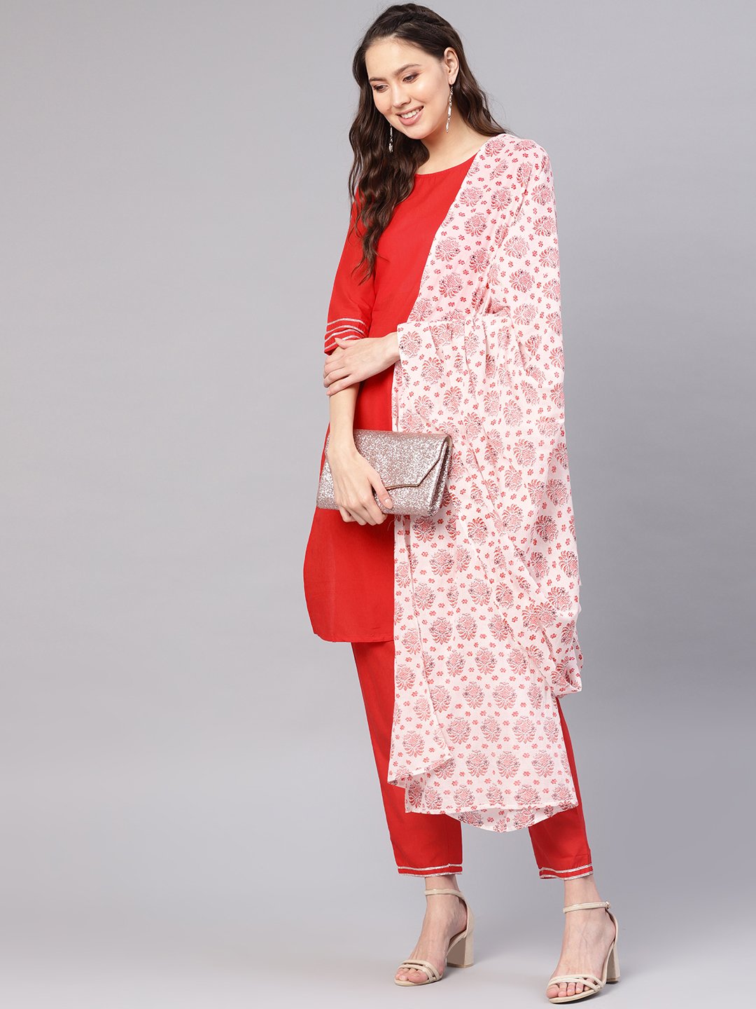 Women Red & Off-White Solid Kurta with Palazzos & Dupatta | NOZ2TOZ - Made In INDIA.