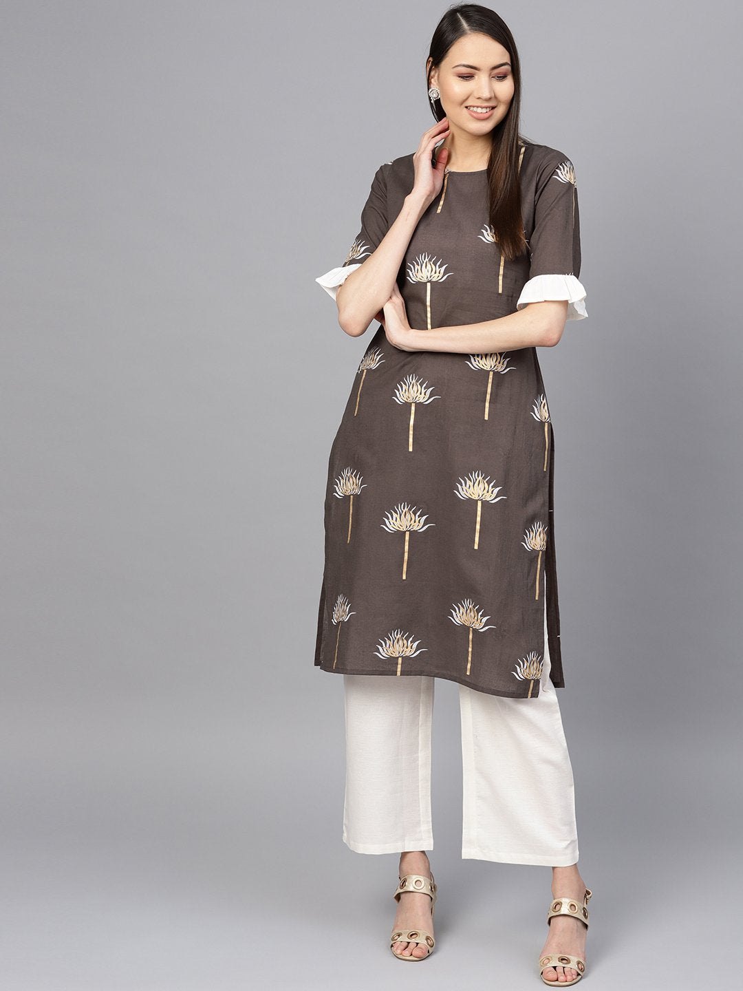 Women Taupe & Off-White Printed Kurta with Palazzos | NOZ2TOZ - Made In INDIA.