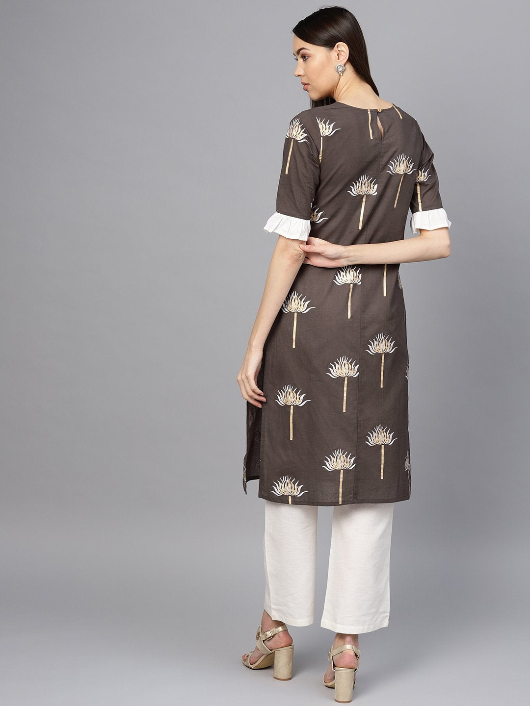 Women Taupe & Off-White Printed Kurta with Palazzos | NOZ2TOZ - Made In INDIA.