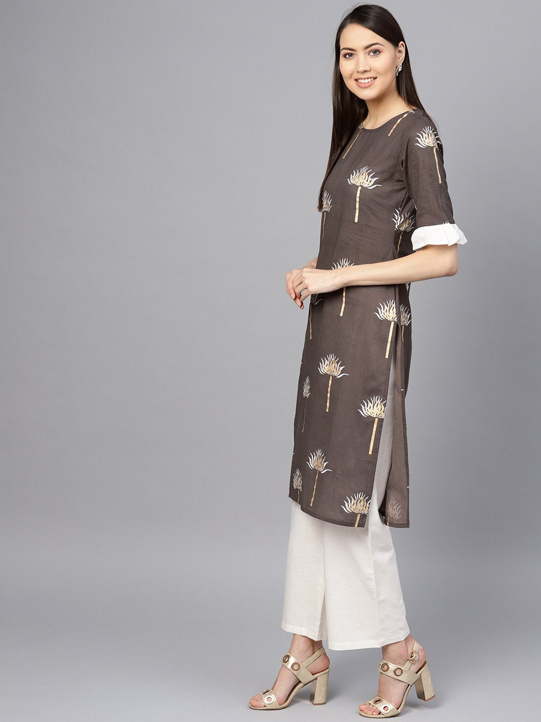 Women Taupe & Off-White Printed Kurta with Palazzos | NOZ2TOZ - Made In INDIA.