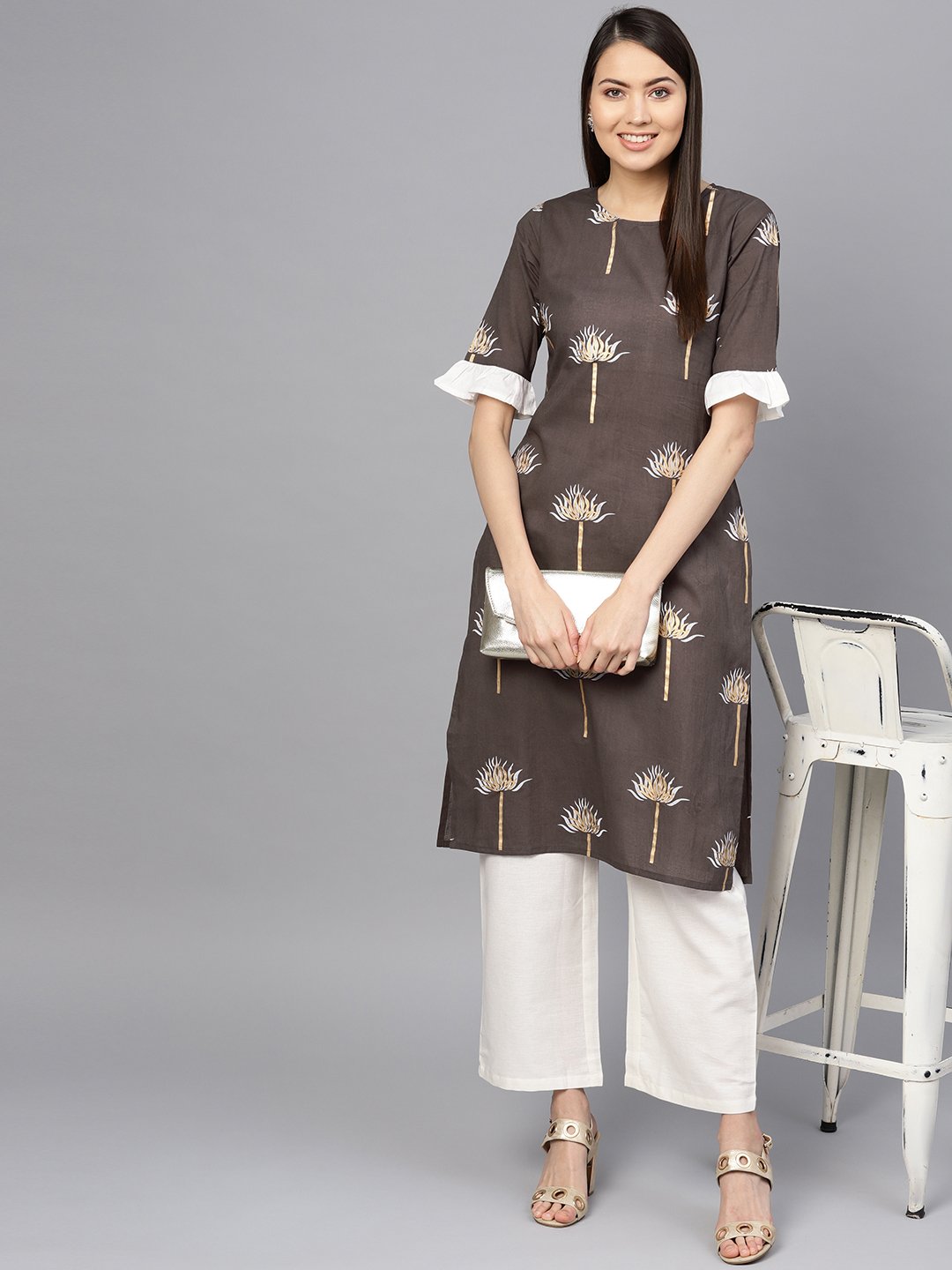 Women Taupe & Off-White Printed Kurta with Palazzos | NOZ2TOZ - Made In INDIA.