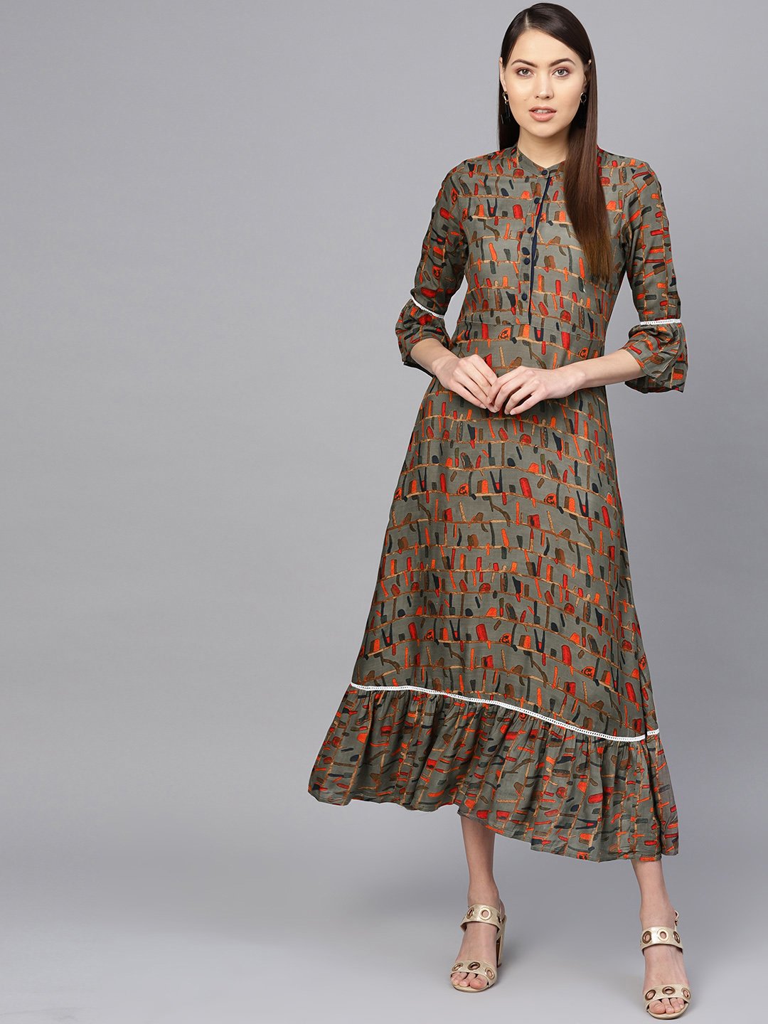 Women Olive Green & Orange Printed Maxi Dress | NOZ2TOZ - Made In INDIA.