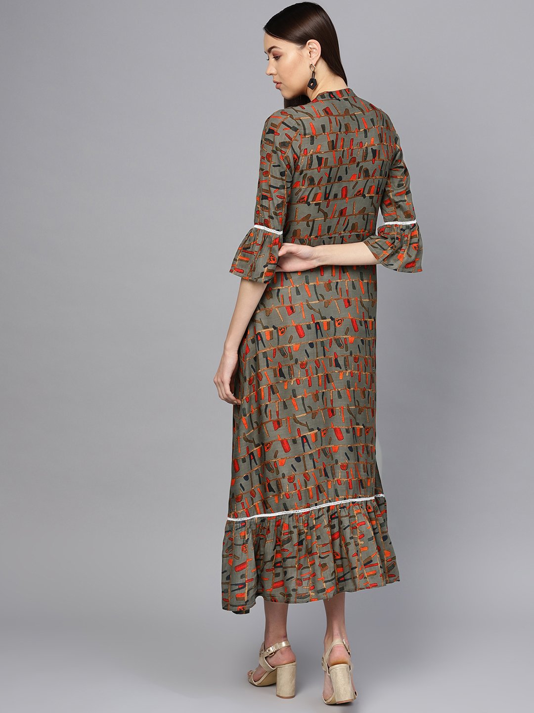 Women Olive Green & Orange Printed Maxi Dress | NOZ2TOZ - Made In INDIA.