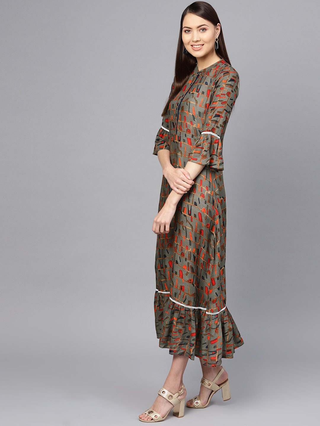 Women Olive Green & Orange Printed Maxi Dress | NOZ2TOZ - Made In INDIA.