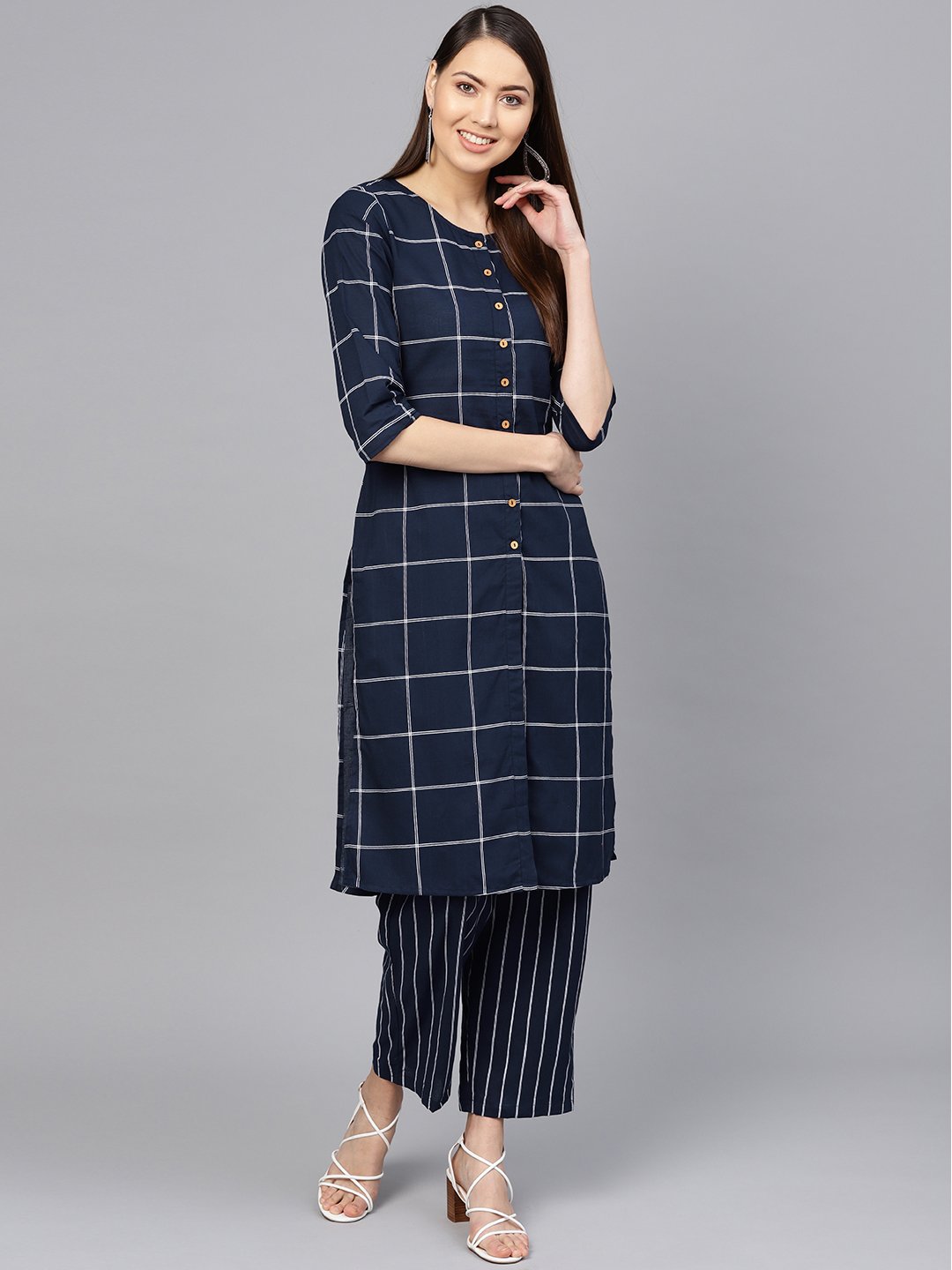 Women Navy Blue & White Checked Kurta with Palazzos | NOZ2TOZ - Made In INDIA.