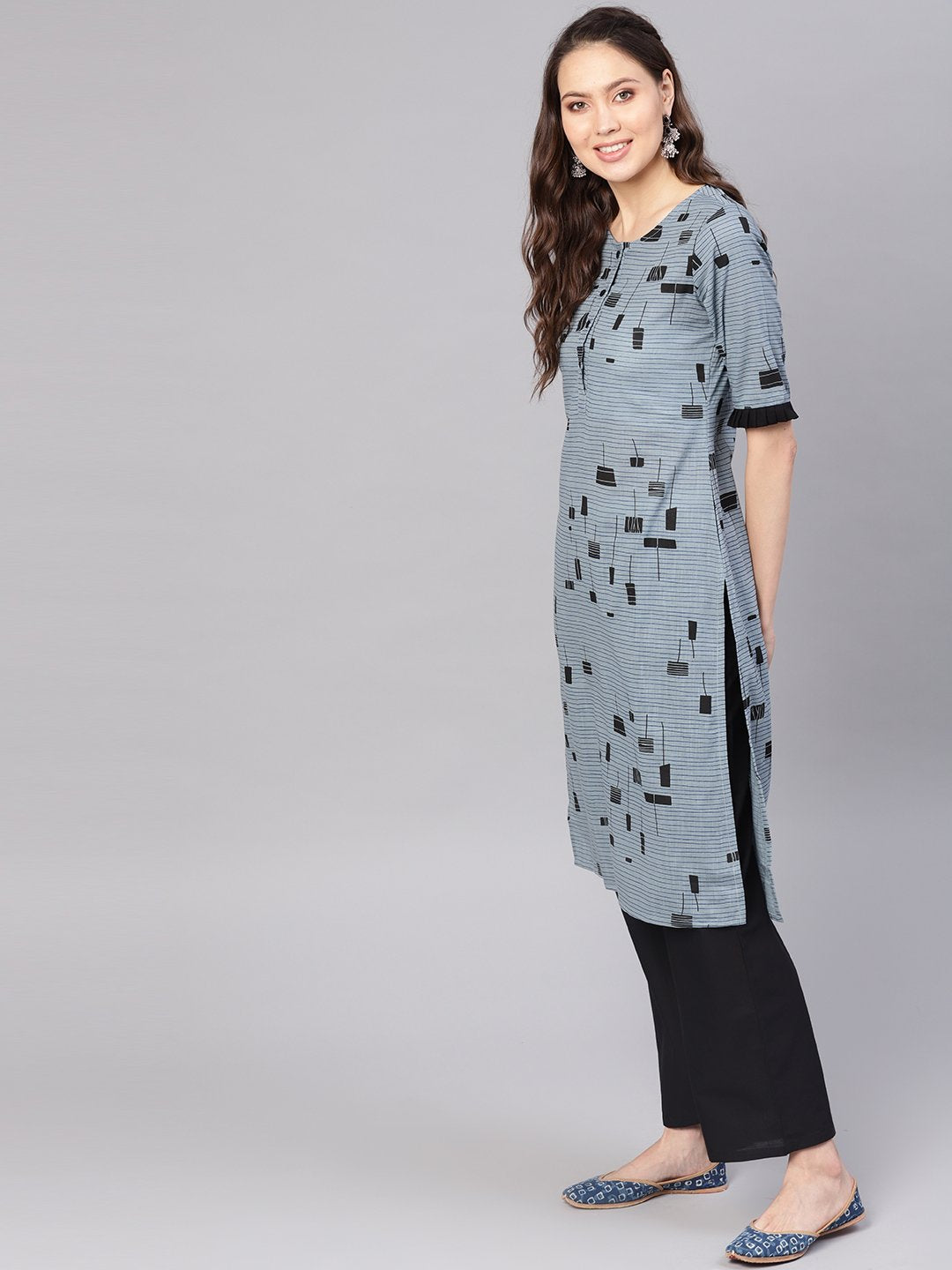 Women Grey & Black Printed Kurta with Palazzos | NOZ2TOZ - Made In INDIA.