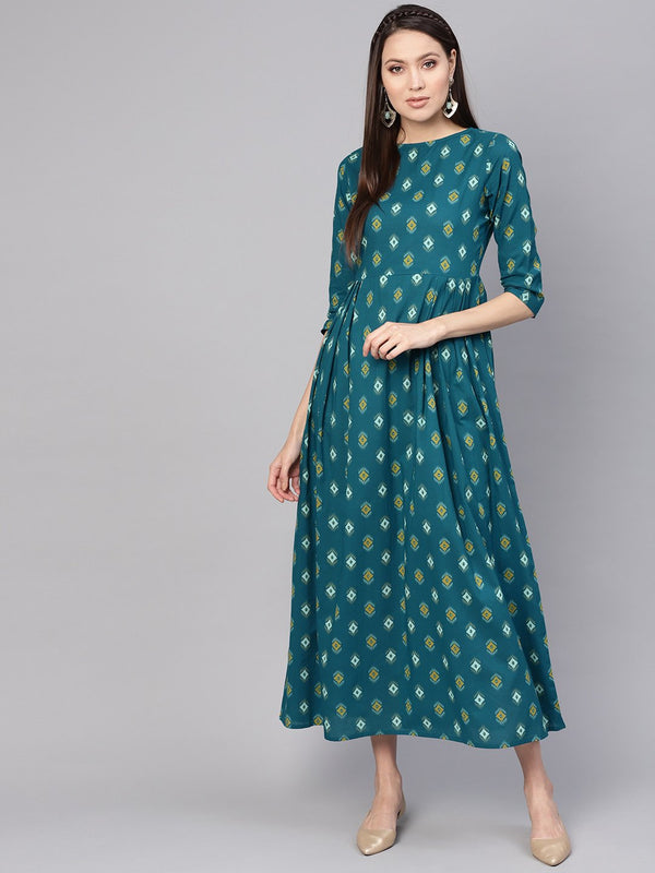 Women Teal Blue & Yellow Printed Maxi Dress | NOZ2TOZ - Made In INDIA.