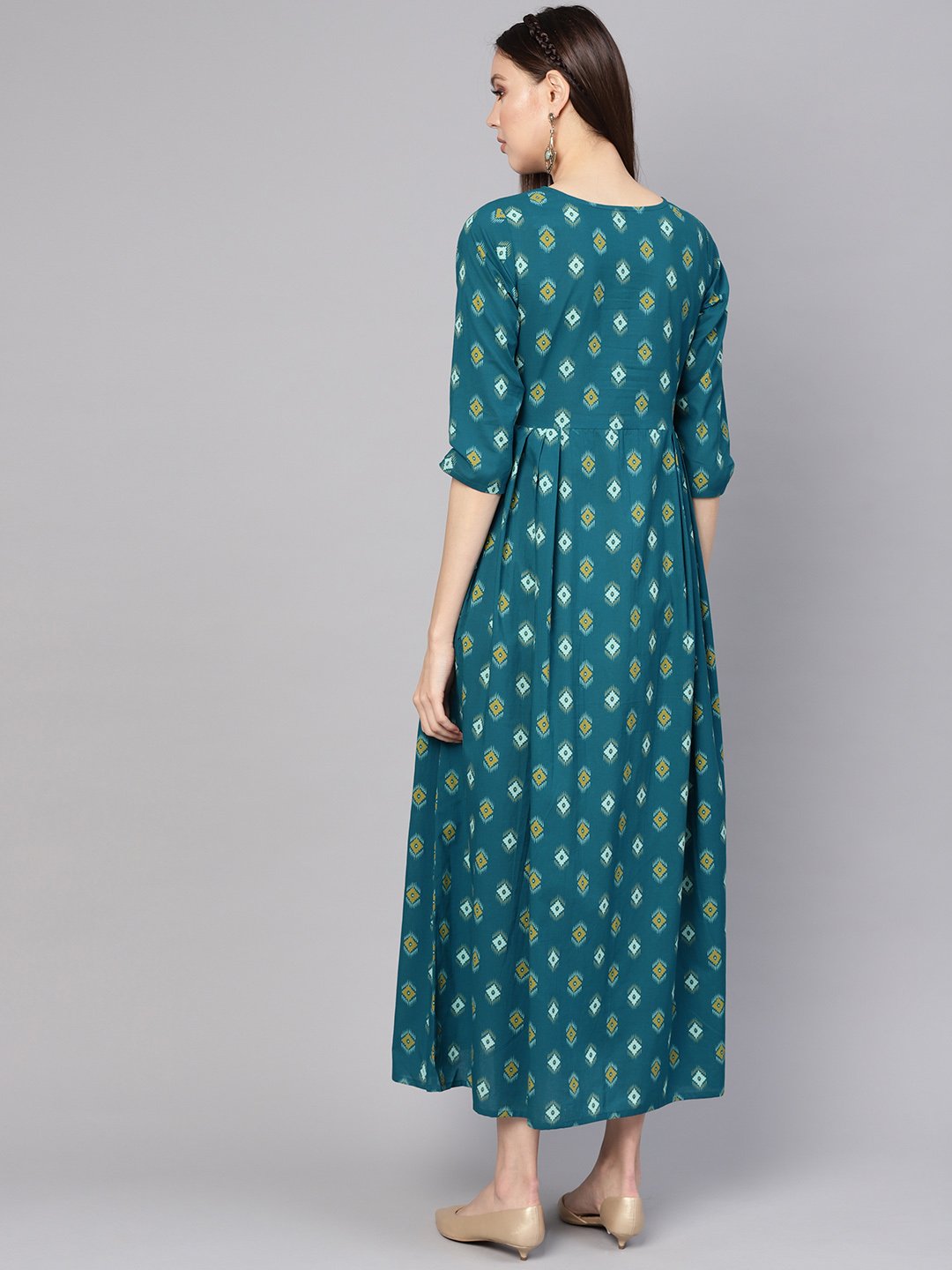 Women Teal Blue & Yellow Printed Maxi Dress | NOZ2TOZ - Made In INDIA.